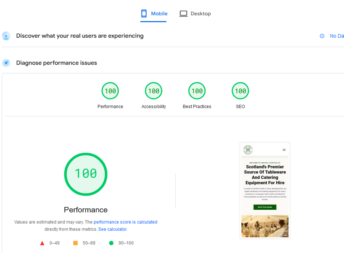 A screenshot of the page speed score